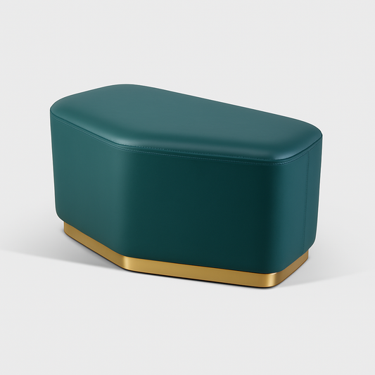 Velmor Ottoman in emerald green leather with polished brass base – The Meem Store