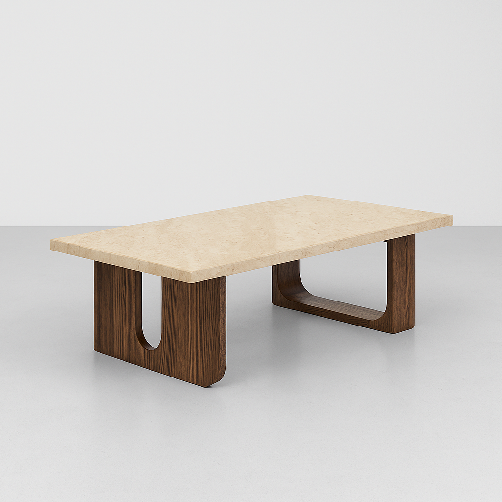 Verasso Coffee Table with travertine marble top and sculptural walnut wood U-shaped base – The Meem Store