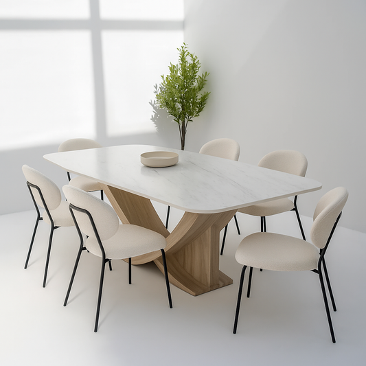 Vionne Dining Table with off-white marble top and X-shaped oak base – The Meem Store