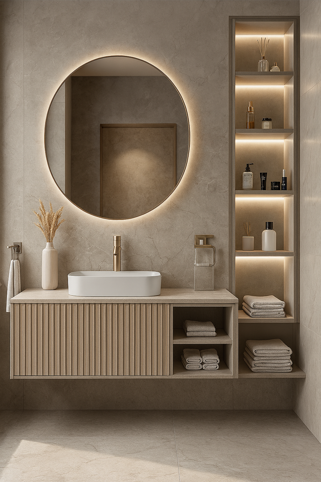 Fluted oak top-mount vanity with stone countertop and circular LED mirror in a warm modern luxury bathroom.