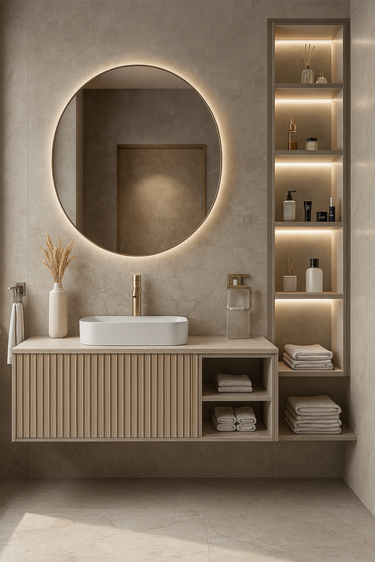 Fluted oak top-mount vanity with stone countertop and circular LED mirror in a warm modern luxury bathroom.