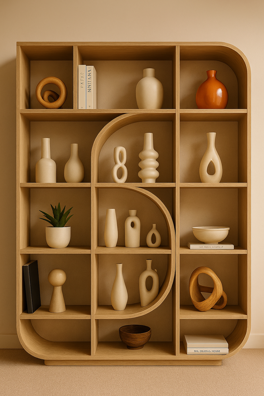 Modern oak cabinet with sculpted curved shelves and artistic geometric layout