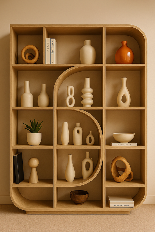 Modern oak cabinet with sculpted curved shelves and artistic geometric layout