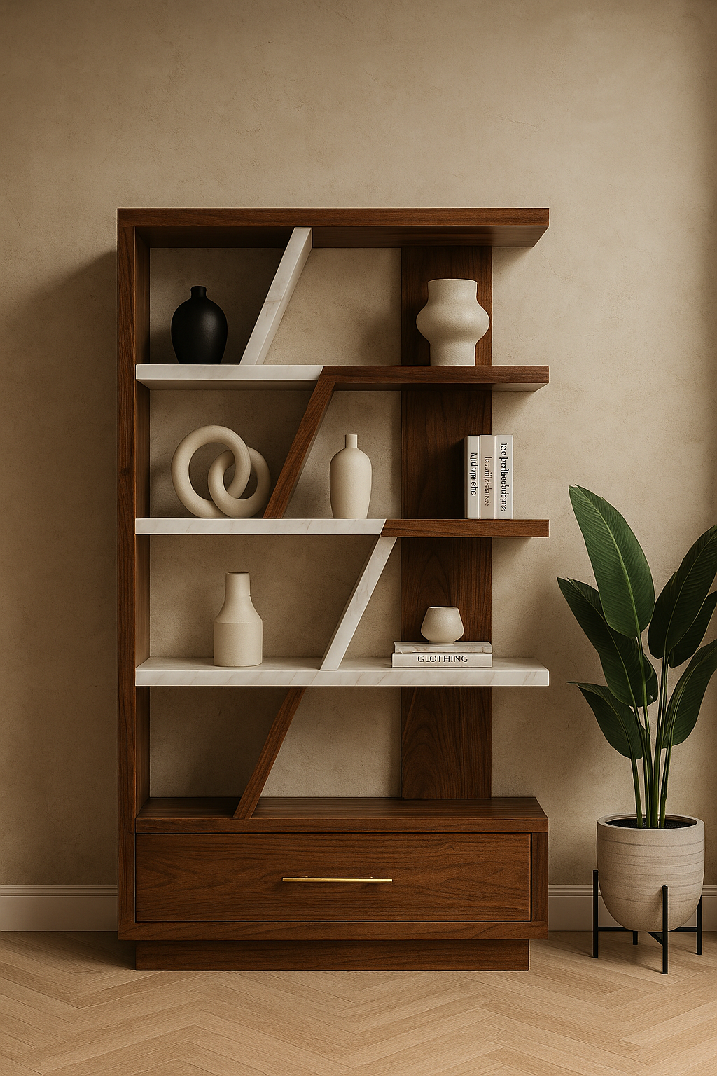 Sculptural walnut display shelf with diagonal white stone shelves in a modern architectural design