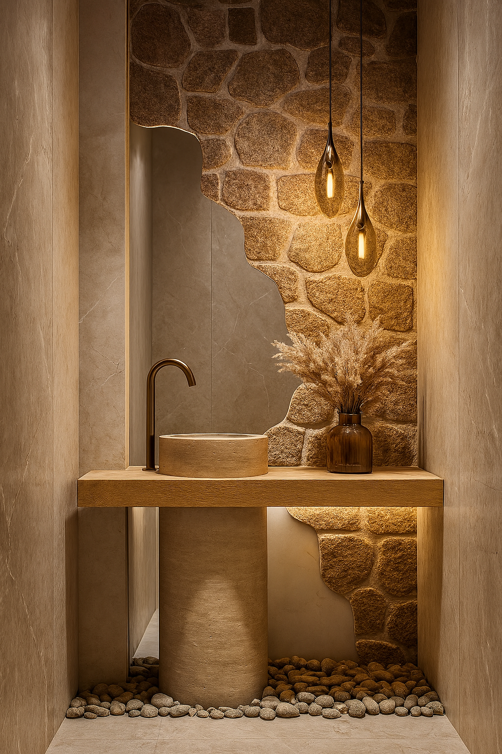 Sand-tone top-mount vanity with stone basin, warm pendant lights, and textured rock wall in organic luxury bathroom setting.