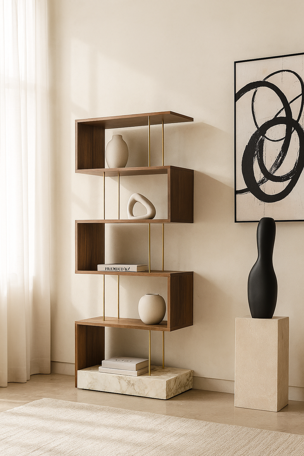 Italian walnut and marble display shelf with gold columns and sculptural architectural form