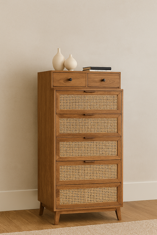 Warm oak tallboy cabinet with woven cane drawer fronts and minimal modern design