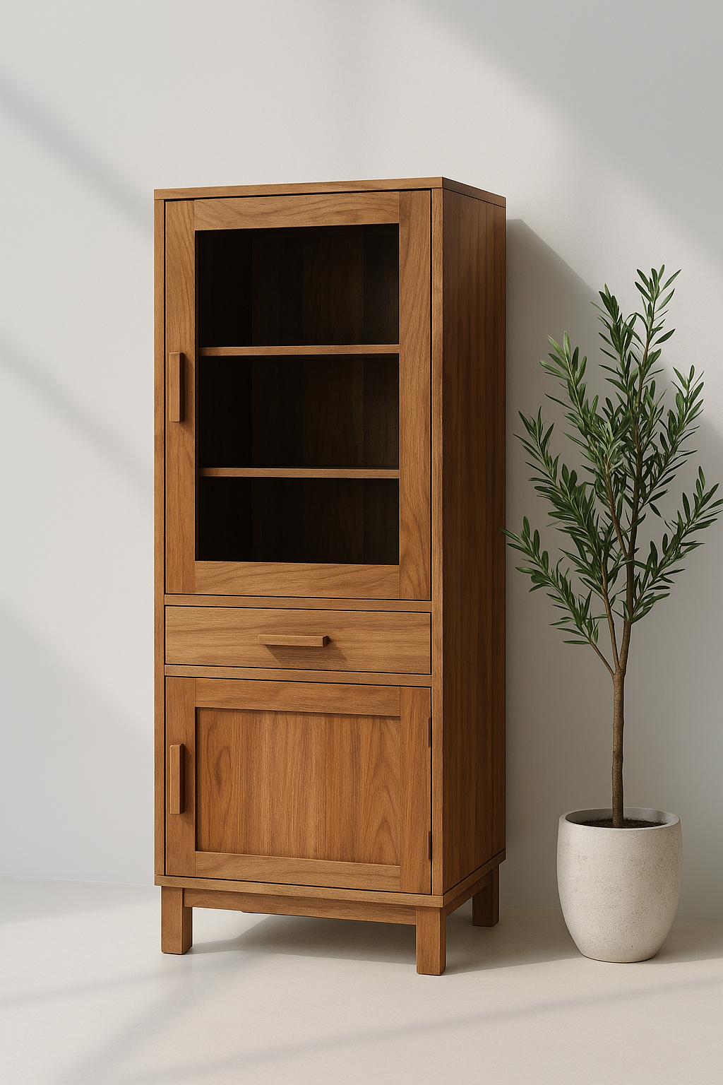 Walnut modern cabinet with upper glass door, center drawer, and lower wood cabinet in minimal design