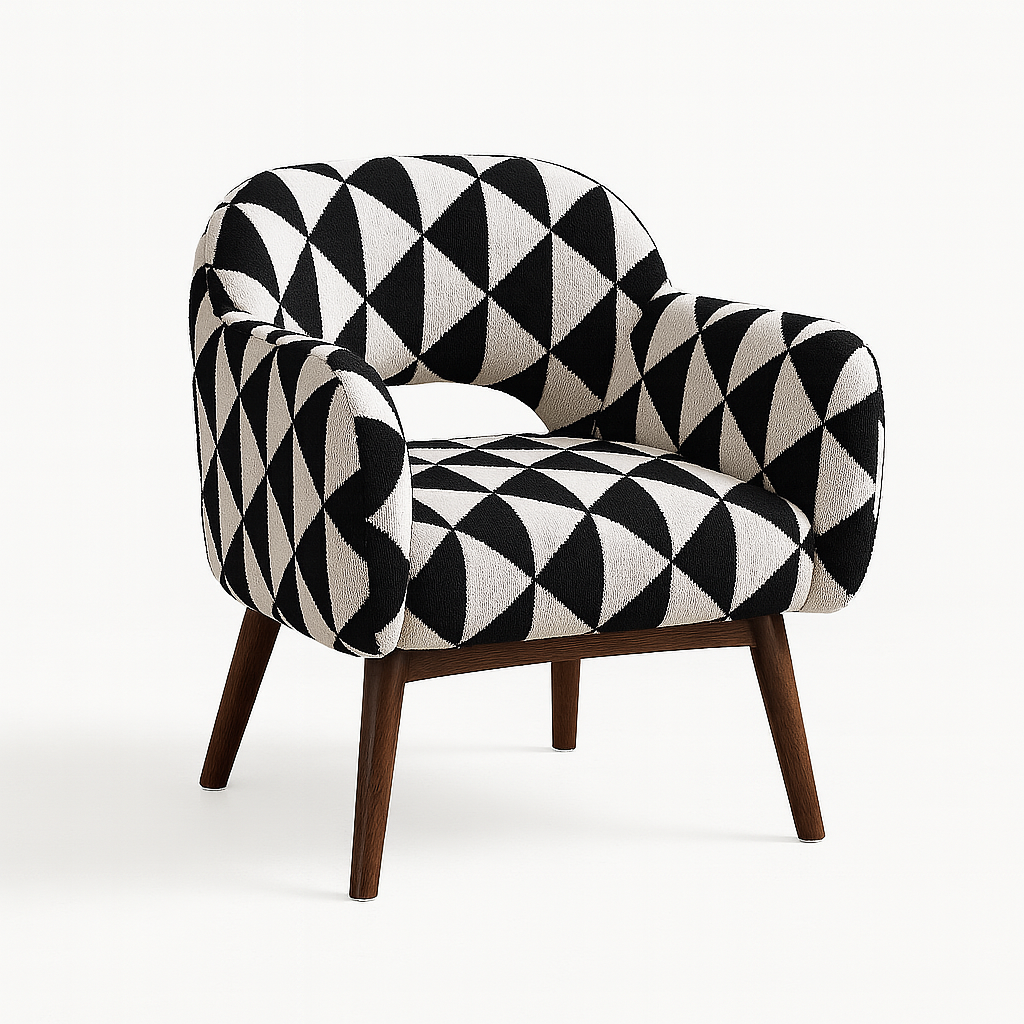 Zerath Armchair with black and white geometric upholstery and walnut wooden legs – The Meem Store