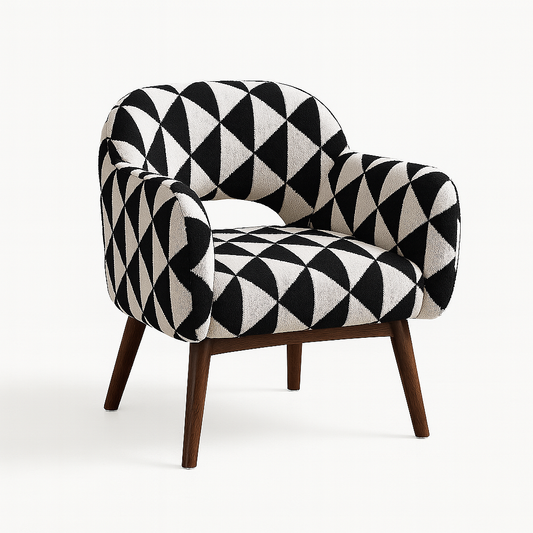 Zerath Armchair with black and white geometric upholstery and walnut wooden legs – The Meem Store